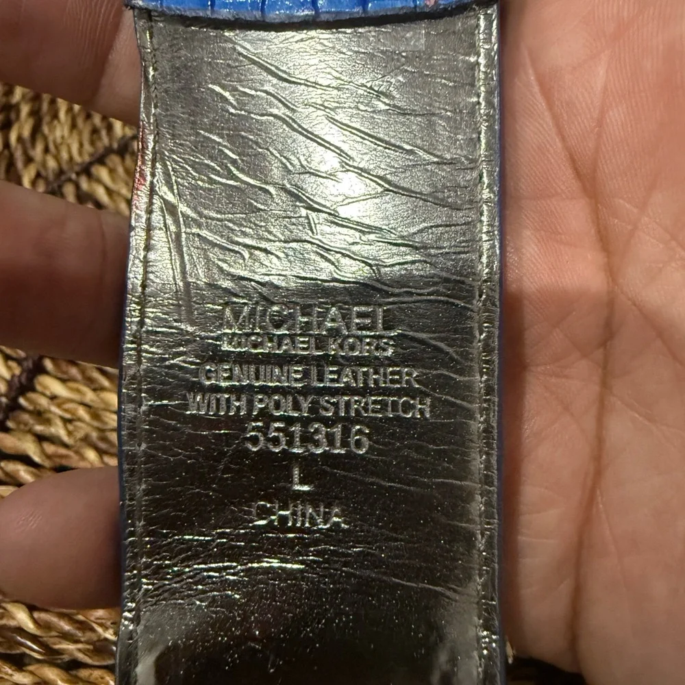 Michael Kors Stretch Straw Belt MK Logo‎ Buckle Sz L 39” Blue Silver Embossed